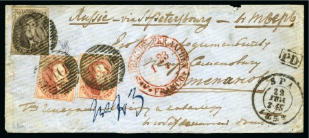 Stamp of Belgium » Belgique. 1858 Médaillons arrondis (COB 10A-12A) 10c brun et 40c carmin X2 oblitération 110 sur let