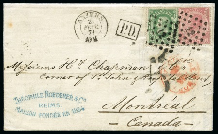 Stamp of Belgium » Belgique. 1869-83 Nouveaux types et nouvelles valeurs (COB 26-37) 10c vert +40c rose oblitération Lpts 12 sur lettre