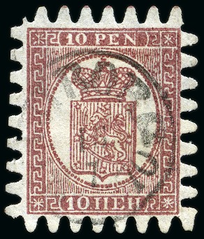 Stamp of Finland » 1860 Coat of Arms (Finnish Currency) 5p Carmine-brown, roulette III, ERROR OF COLOUR, n