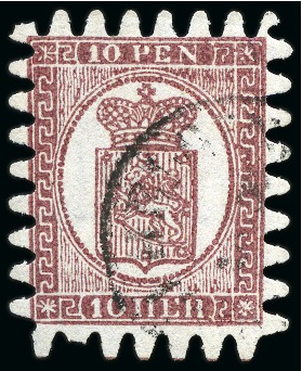 Stamp of Finland » 1860 Coat of Arms (Finnish Currency) 5p Carmine-brown, roulette III, ERROR OF COLOUR, c