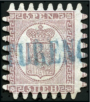 Stamp of Finland » 1860 Coat of Arms (Finnish Currency) 5p Reddish lilac-brown, ordinary paper, roulette I