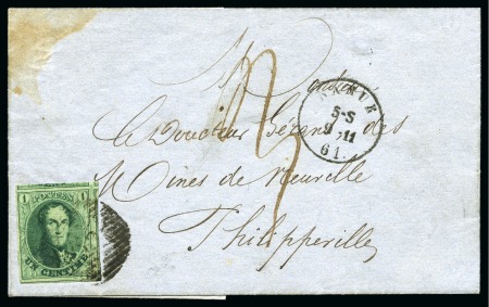 Stamp of Belgium » Belgique. 1861 Médaillons allongés (COB 9-12) 1c vert très bien margé avec 5 voisins oblitératio