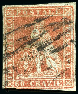 Stamp of Italian States » Tuscany 1851-52 60cr Scarlatto su grigio with bar cancel,