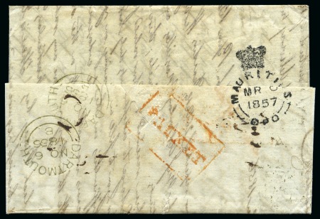 Stamp of Mauritius » Pre-Stamp & Stampless Postal History 1857 Entire from Liverpool to Mauritius with scarc