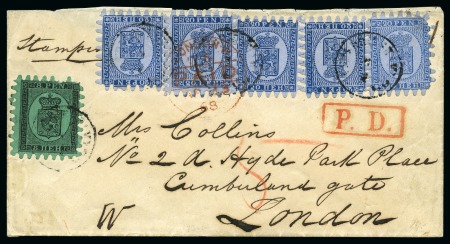 Stamp of Finland » 1860 Coat of Arms (Finnish Currency) 20p Blue, roulette III, five singles together with