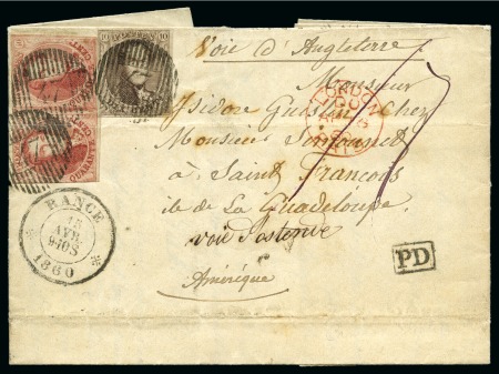 Stamp of Belgium » Belgique. 1861 Médaillons allongés (COB 9-12) 2 lettres à destination de la Guadeloupe :
10c br