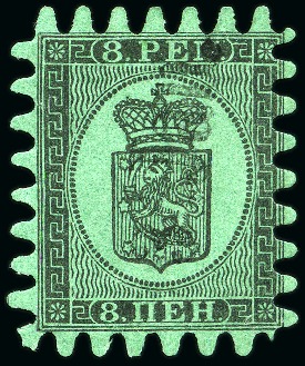Stamp of Finland » 1860 Coat of Arms (Finnish Currency) 8p Black on green ordinary paper, roulette III, ca
