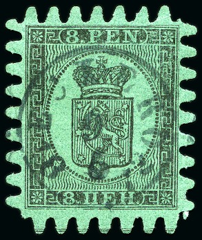 Stamp of Finland » 1860 Coat of Arms (Finnish Currency) 8p Black on green ordinary paper, roulette III, ce