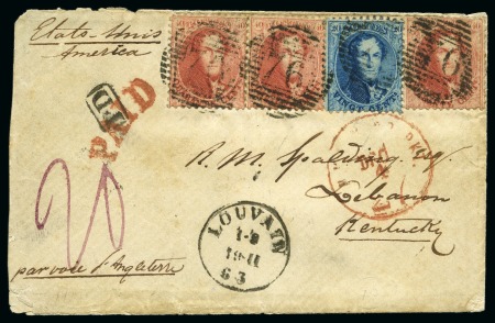 Stamp of Belgium » Belgique. 1863 Médaillons dentelés (COB 13-16) 20c bleu et 40c carmin X3 oblitération 76 sur lett