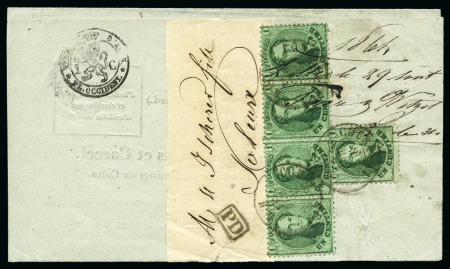 Stamp of Belgium » Belgique. 1863 Médaillons dentelés (COB 13-16) 1c vert X5 (bande 4 et 1 isolé) sur imprimé comple