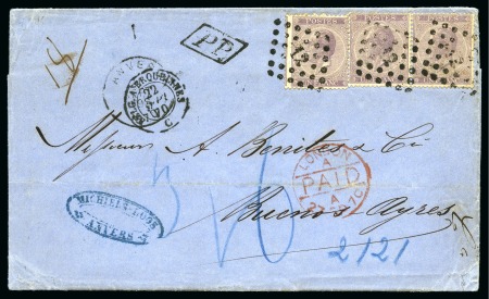 Stamp of Belgium » Belgique. Léopold 1er - Nouveau Type (COB 17-21) 3 lettres vers Buenos Ayres en simple, double et t