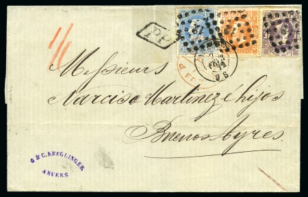 Stamp of Belgium » Belgique. 1869-83 Nouveaux types et nouvelles valeurs (COB 26-37) 4 lettres affranchies avec 10, 20 et 30c et 1f émi