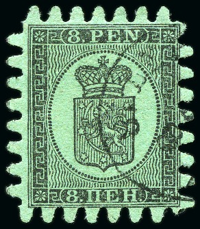 Stamp of Finland » 1860 Coat of Arms (Finnish Currency) 8p Black on greyish green coarse paper, roulette I