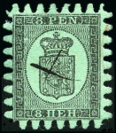 Stamp of Finland » 1860 Coat of Arms (Finnish Currency) 8p Black on greyish green coarse paper, roulette I
