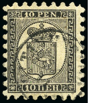 Stamp of Finland » 1860 Coat of Arms (Finnish Currency) 10p Black on laid chamois paper, roulette I, cance