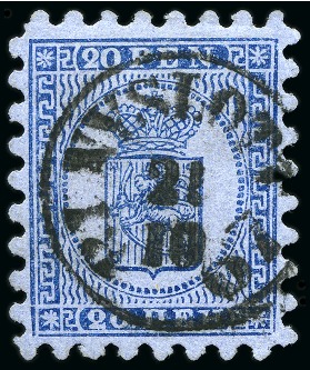 Stamp of Finland » 1860 Coat of Arms (Finnish Currency) 20p Ultramarine-blue, lilac-blue paper, roulette I