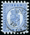 Stamp of Finland » 1860 Coat of Arms (Finnish Currency) 20p Deep blue, grey-blue paper, roulette IV, two s