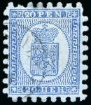 Stamp of Finland » 1860 Coat of Arms (Finnish Currency) 20p Deep blue, grey-blue paper, roulette IV, two s
