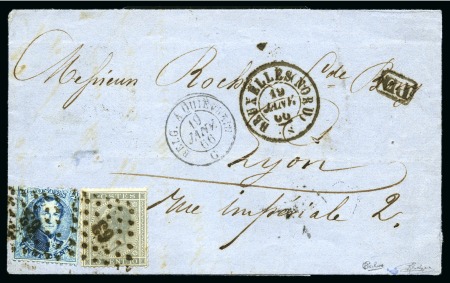 Stamp of Belgium » Belgique. 1863 Médaillons dentelés (COB 13-16) 20c bleu et 10c gris oblitérés Lpts 63 sur lettre 