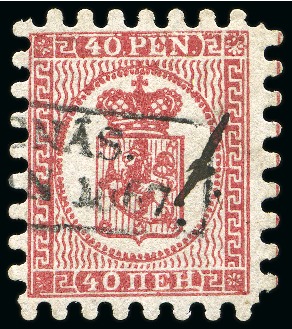 Stamp of Finland » 1860 Coat of Arms (Finnish Currency) 40p Carmine, pale rose paper, roulette I, cancelle