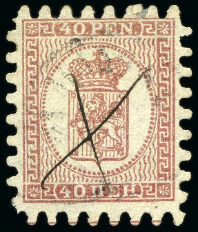 Stamp of Finland » 1860 Coat of Arms (Finnish Currency) 40p Carmine, pale rose paper, compound rouletting