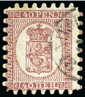 Stamp of Finland » 1860 Coat of Arms (Finnish Currency) 40p Carmine, pale rose paper, roulette IV, lightly