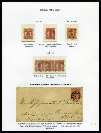 Stamp of Finland » 1860 Coat of Arms (Finnish Currency) 40p Carmine, ribbed paper, four exhibition pages s