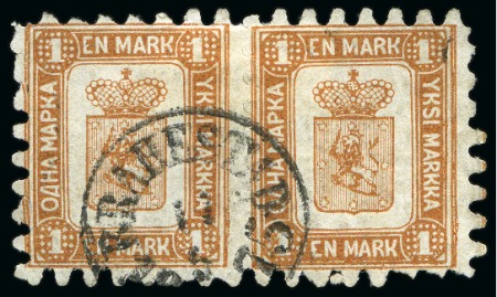Stamp of Finland » 1860 Coat of Arms (Finnish Currency) 1M Pale orange-brown, roulette II, pair cancelled