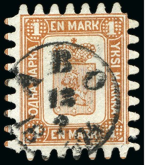 Stamp of Finland » 1860 Coat of Arms (Finnish Currency) 1M Yellowish brown, roulette III, central ÅBO 12/2