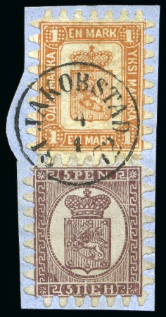 Stamp of Finland » 1860 Coat of Arms (Finnish Currency) 1M Brown-yellow, and 5p lilac-brown, both roulette