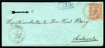 Stamp of Finland » 1860 Coat of Arms (Finnish Currency) RAILWAY POST OFFICE STATION NUMBER
40p Carmine (tw