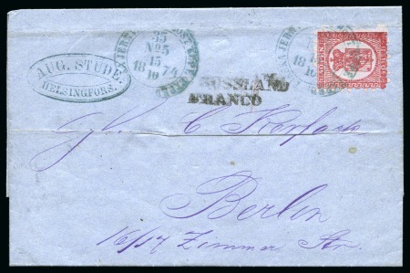 Stamp of Finland » 1860 Coat of Arms (Finnish Currency) TPO COVER TO BERLIN
40p Carmine tied by blue TPO 1