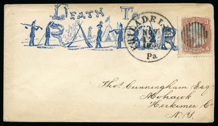 Stamp of United States 1860s "Death to Traitors" propaganda envelope with