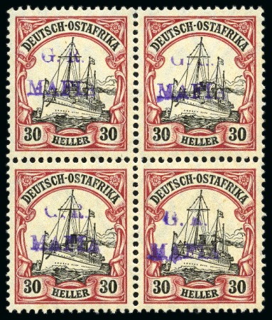Stamp of Tanganyika » Mafia Island British Occupation » 1915 (Jan) "G. R. / MAFIA" Type 1 Overprint in Reddish Violet 1915 (Jan) 30h black and carmine, mint block of fo