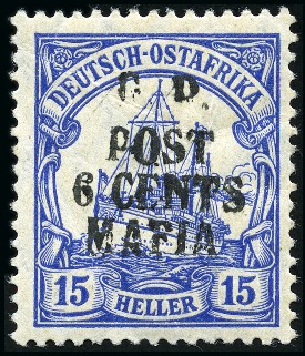 Stamp of Tanganyika » Mafia Island British Occupation » 1915 (May) "G.R. - POST - 6 CENTS - MAFIA" Type 2 Overprints 1915 (May) 6c on 15h ultramarine, overprinted in b