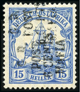 Stamp of Tanganyika » Mafia Island British Occupation » 1915 (May) "G.R. - POST - 6 CENTS - MAFIA" Type 2 Overprints 1915 (May) 6c on 15h ultramarine, overprinted in b