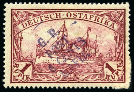 Stamp of Tanganyika » Mafia Island British Occupation » 1915 (May) "G.R. - POST - 6 CENTS - MAFIA" Type 2 Overprints 1915 (May) 6c on 1m carmine, overprinted in violet