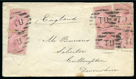Stamp of New Zealand 1881 2d rose (6) tied to envelope by barred 'TU' o