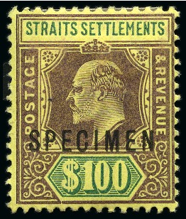 Stamp of Malaysia » Straits Settlements 1902-03 $100 Purple & Green on Yellow with SPECIME
