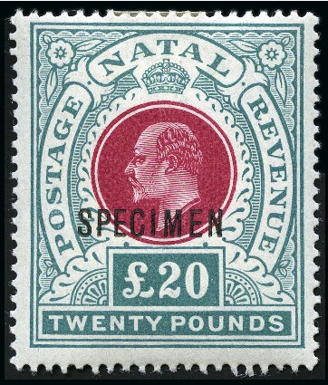 Stamp of South Africa » Natal 1902 £20 Red & Green with SPECIMEN ovpt, mint hr, 