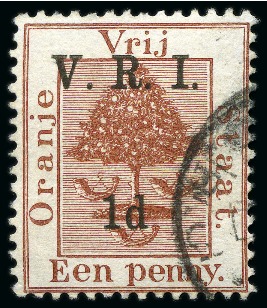 Stamp of South Africa » Orange Free State 1900 1d on 1d brown error of colour, neat partial 
