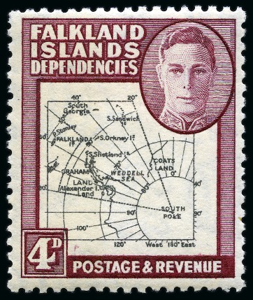 Stamp of Falkland Islands Dependencies: 1946-49 4d Black & Claret with "SOUT