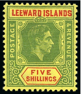 Stamp of Leeward Islands 1938-51 5s Green & Red on yellow with "broken seco