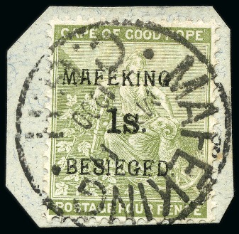 Stamp of South Africa » Mafeking 1900 1s on COGH 4d Sage-Green tied to small piece 