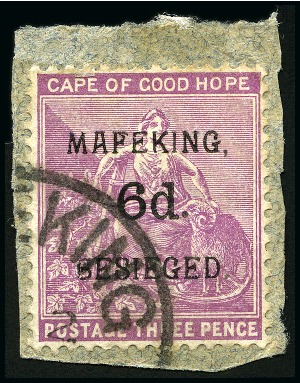 Stamp of South Africa » Mafeking 1900 6d on COGH 3d magenta tied to small piece by 