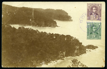 Stamp of Sarawak 1922 Real photo postcard with 3c brown-purple + 3c
