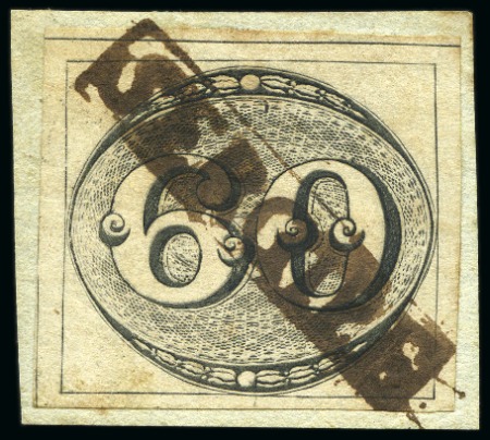Stamp of Rarities of the World 1843 Bulls Eyes 60r black, worn impression, showin