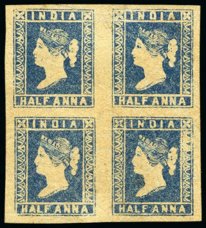 Stamp of India 1854-55 1/2a Blue die II unused block of four, pos