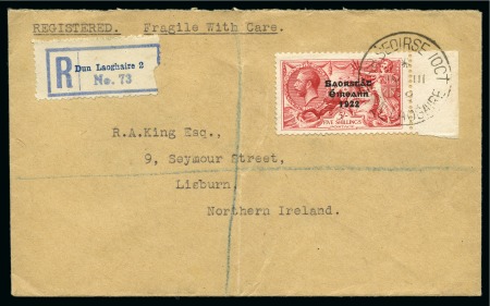 Stamp of Ireland » 1927-28 Wide Date Overprints (T72-T74) 1927 Wide Date 5s right marginal tied to cover by 