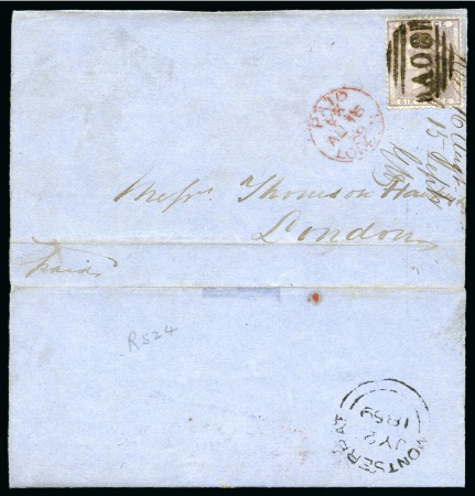 Stamp of Montserrat 1859 (Jul 2) Front and backflap with GB 6d lilac c
